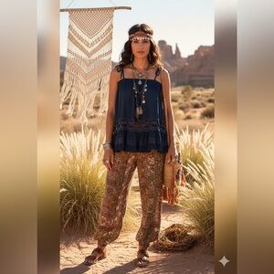 Double Zero Navy Blue Lace Ruffle Boho Sleeveless Top L